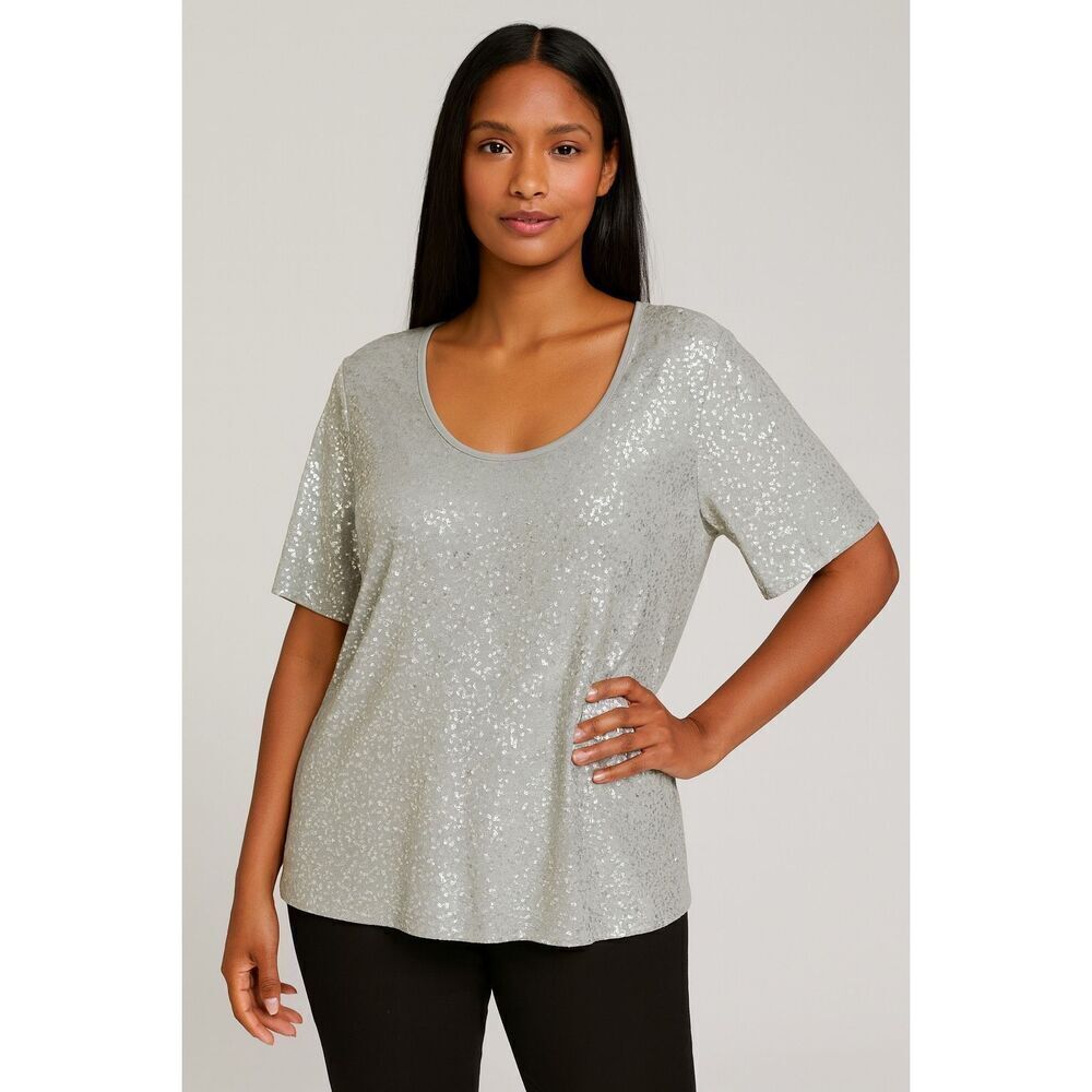 AVENUE Women’s Gray Sequined Scoop Neck Top Size 22/24 Short Sleeves